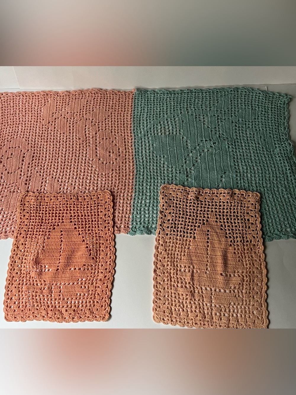 Handmade Crochet doilies - Peach and Teal Set of three